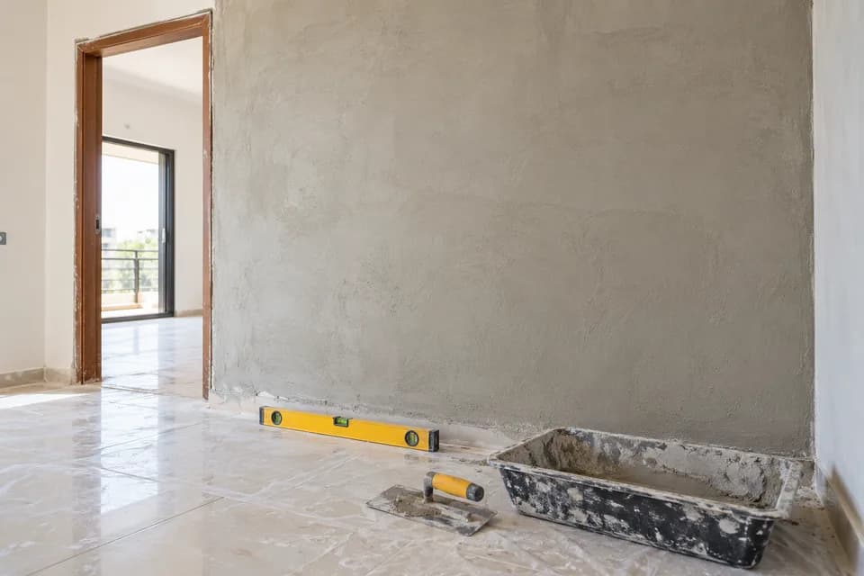 Masonry plaster finishing and civil renovation tools in a residential room