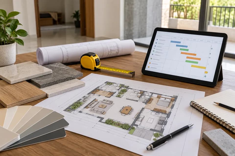 House layout plan, material samples and a construction schedule