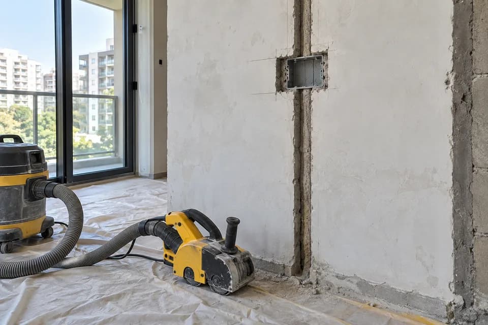 Wall chaser and dust extractor beside concealed electrical conduit channels in a masonry wall