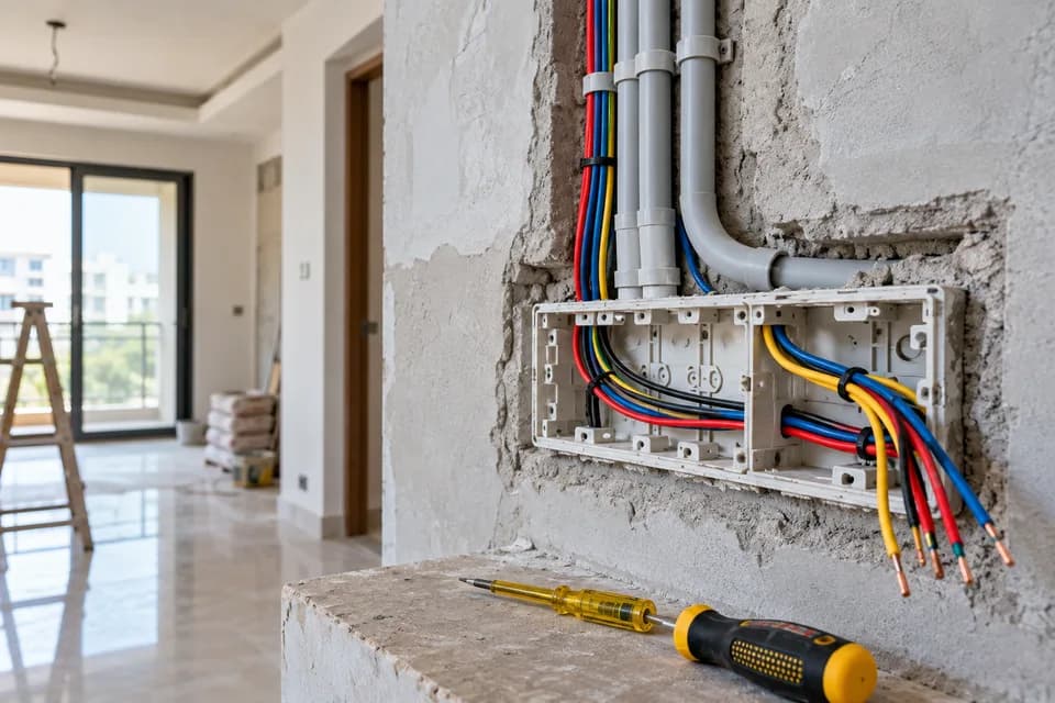Insulated domestic wiring routed into a modular switchboard recess