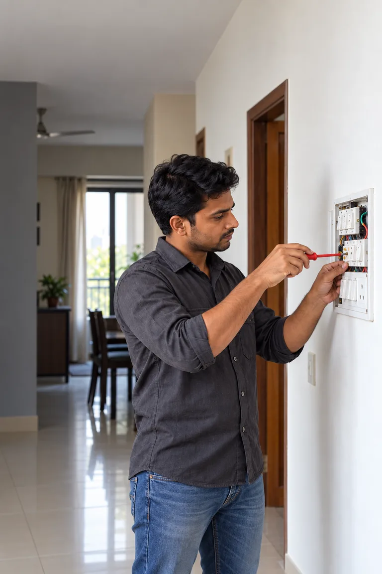 Representative Indian electrician inspecting a domestic switchboard in a contemporary home
