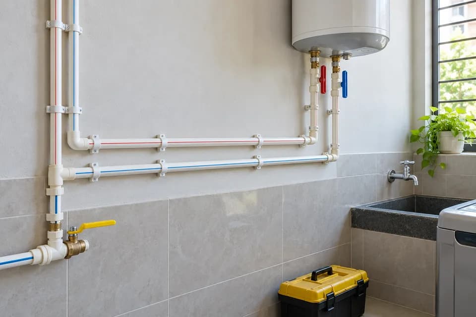CPVC water supply pipes and isolation valves along a residential utility wall
